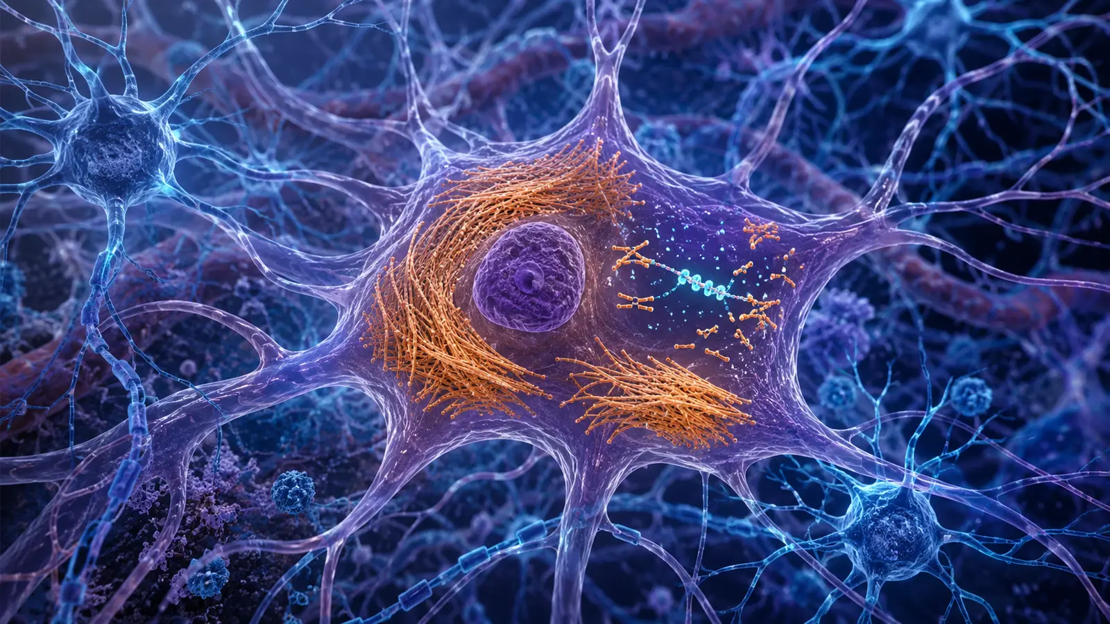 Células gliais estilizadas com filamentos de GFAP reduzidos por uma molécula antisenso, enquanto neurônios próximos permanecem conectados.