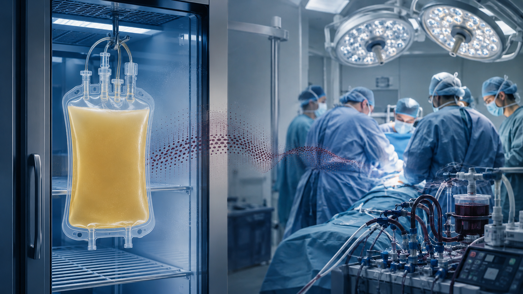 Bolsa de plaquetas em refrigerador de banco de sangue conectada visualmente a um centro cirúrgico com circulação extracorpórea.