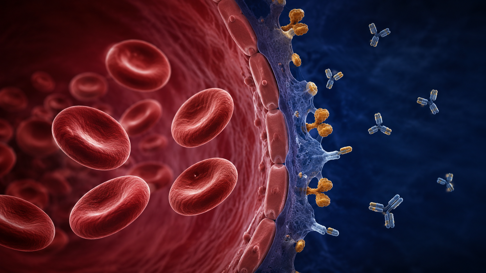 Hemácias em fluxo ao lado de uma barreira molecular que reduz partículas em forma de Y.
