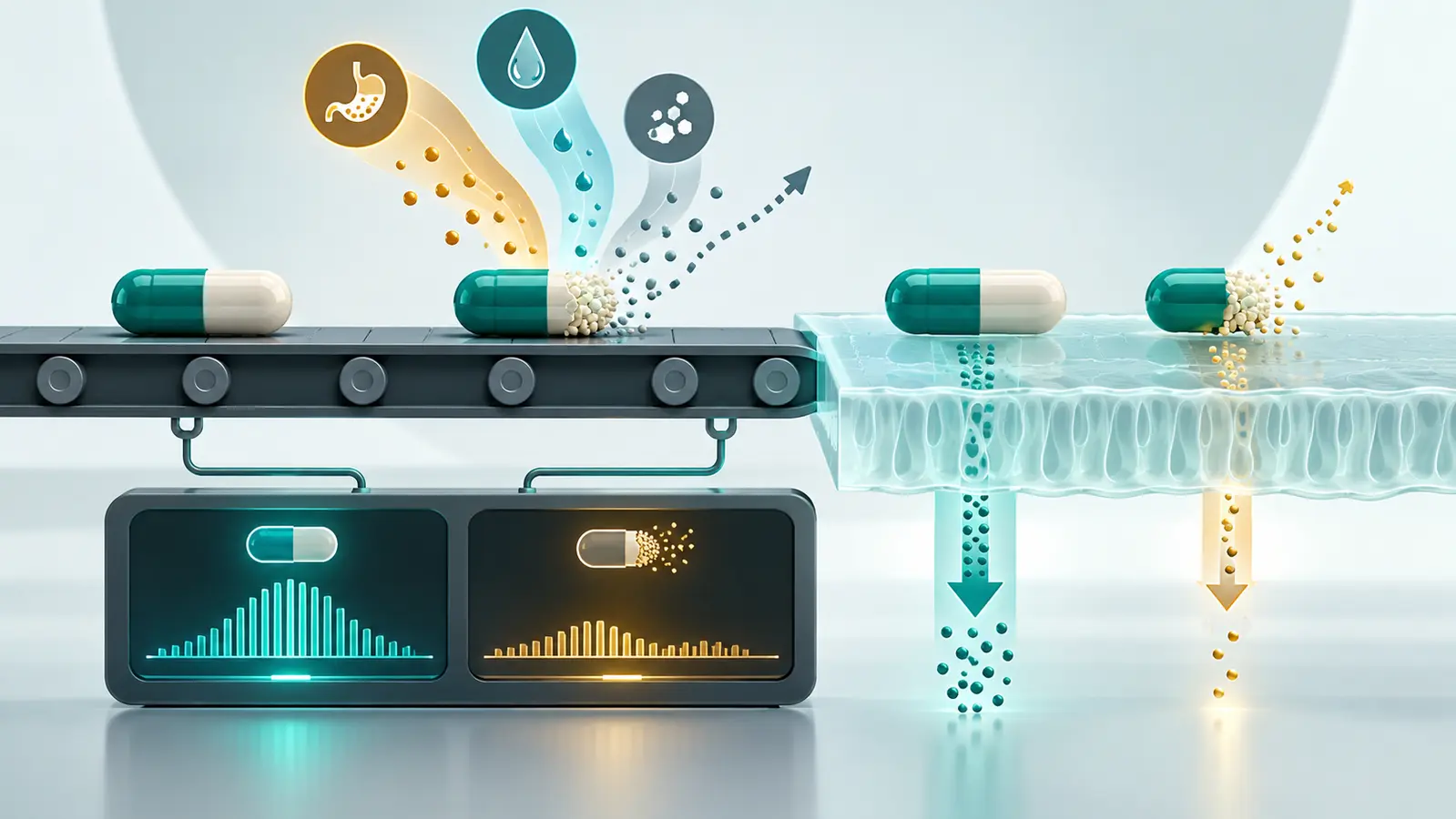Ilustração de cápsulas atravessando uma barreira de absorção enquanto sensores comparam fluxos alterados por fatores externos.