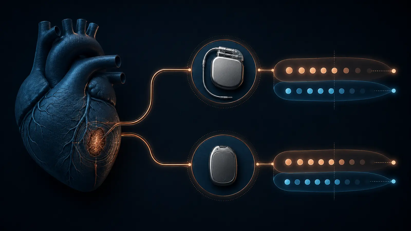Um coração com pequena cicatriz se divide em dois caminhos, um com cardiodesfibrilador e outro com monitor implantável, terminando em faixas quase sobrepostas.