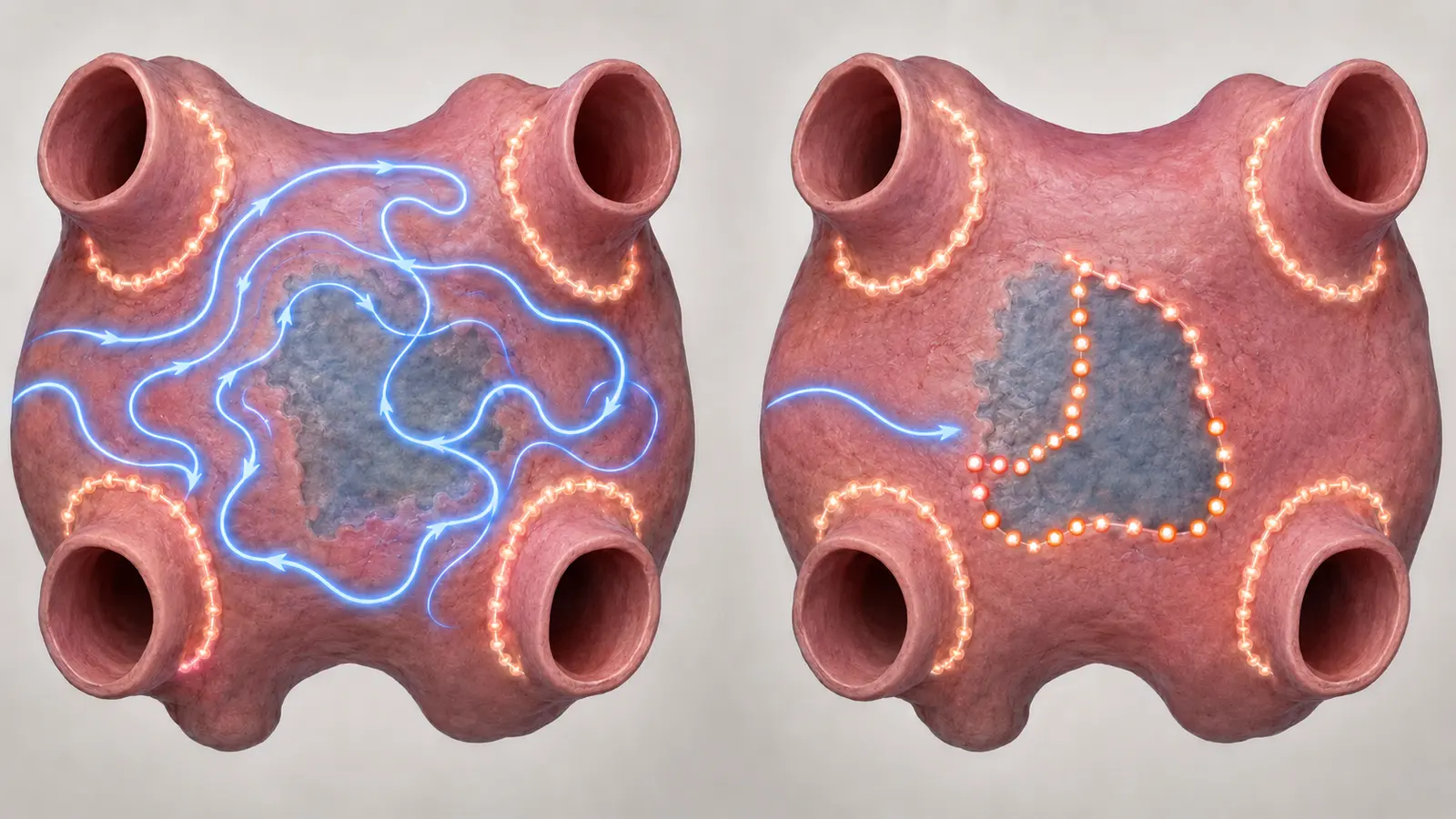 Dois mapas simplificados do átrio esquerdo mostram veias pulmonares isoladas; no segundo, uma área adicional de baixa voltagem é tratada e o circuito elétrico deixa de girar.