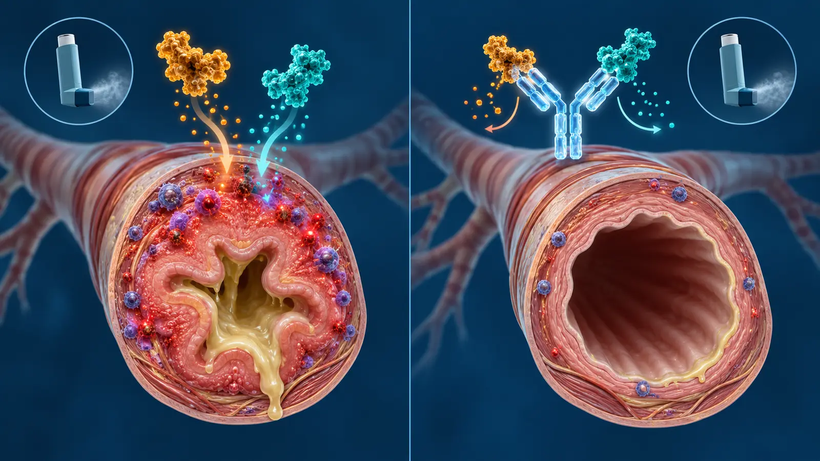 Comparação conceitual entre duas vias aéreas na DPOC, com bloqueio da sinalização dupla da IL-33 reduzindo pulsos inflamatórios e obstrução em relação ao placebo.