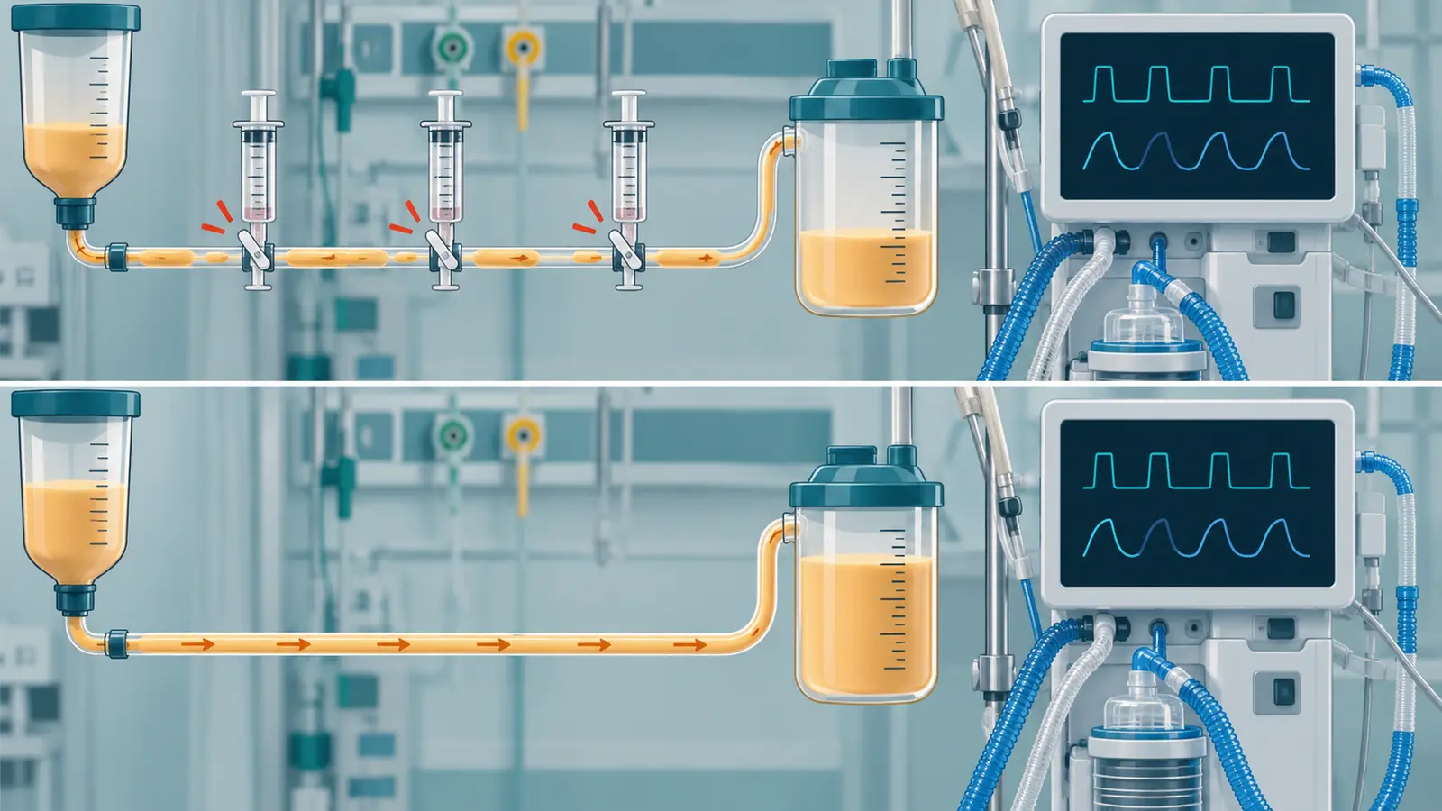 Dois circuitos paralelos de nutrição enteral em UTI, um interrompido por aspirações seriadas e outro com fluxo contínuo, ambos sob suporte ventilatório equivalente.