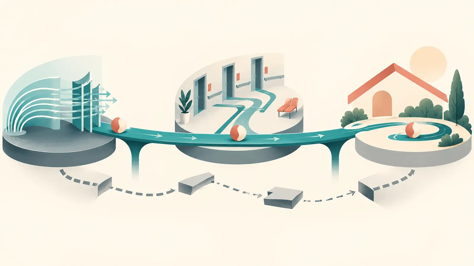 Ilustração de três plataformas de cuidado ligadas por uma ponte contínua que transporta o mesmo plano de reabilitação da UTI à casa.
