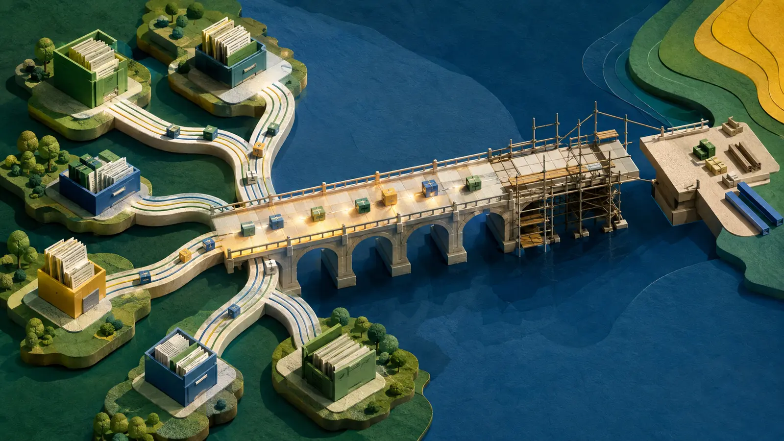 Ilhas com caixas de arquivos convergem para uma ponte central parcialmente pronta e parcialmente cercada por andaimes.